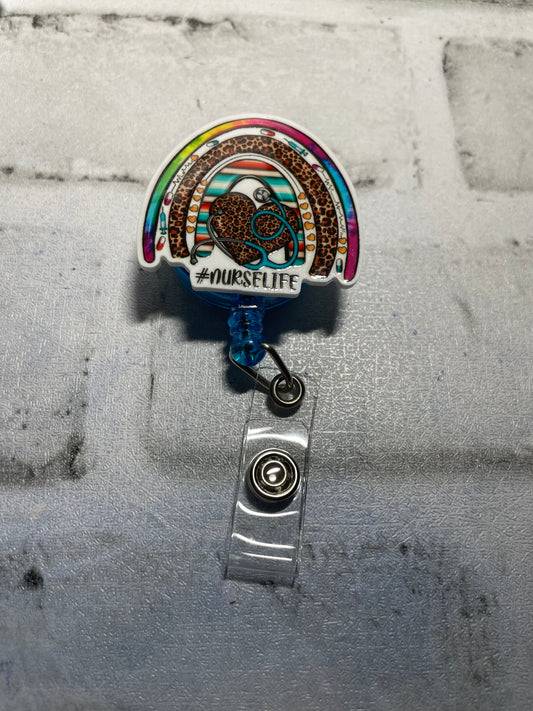 Nurse life rainbow tie dye badge reel💚
