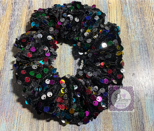 Rainbow velvet sequin scrunchies